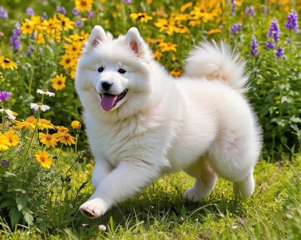 Fluffy Samoyed Puppy in Wildflower Field