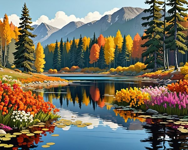Tranquil Lake Surrounded by Wildflowers and Mountains
