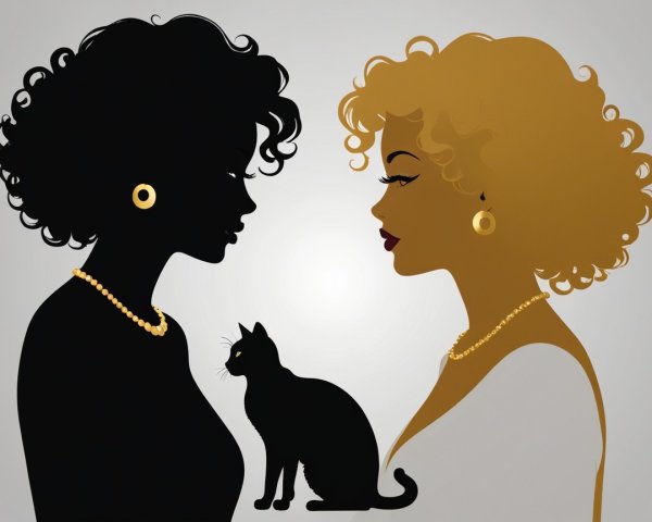 Profile Silhouettes of Women with Black Cat and Pearls