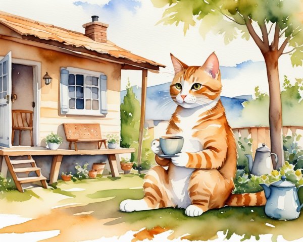 Orange Tabby Cat in Sunny Garden with Cottage Scene