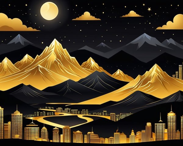 Nighttime Scene of Golden Mountains and City Skyline