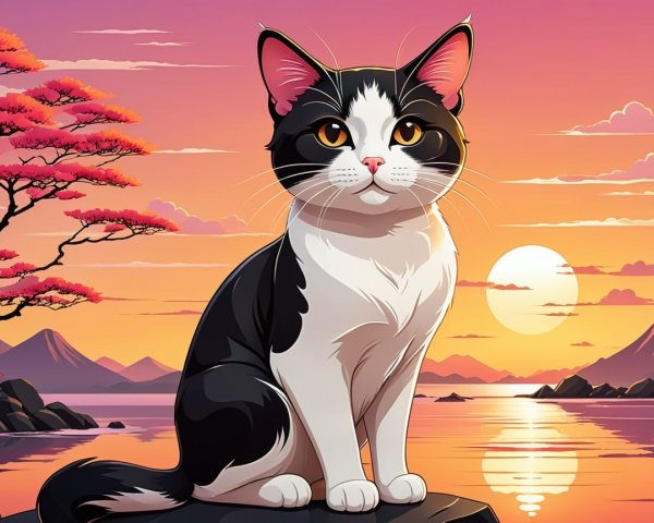 Majestic Cat by Water at Sunset with Cherry Blossoms