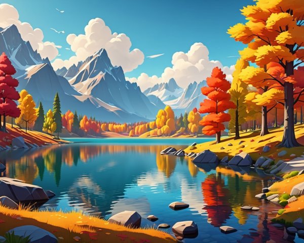 Vibrant Autumn Landscape with Serene Lake and Mountains