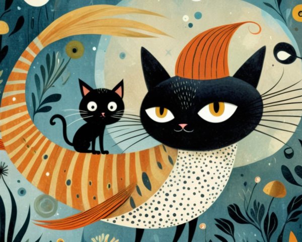 Whimsical Illustration of Cats in a Colorful Landscape