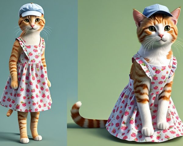 Cartoon Orange Tabby Cat in Floral Dress and Cap