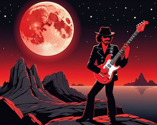 Guitarist Silhouette Under Red Moon and Starry Sky