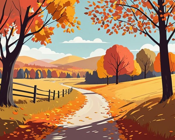 Autumn Landscape with Winding Path and Vibrant Foliage