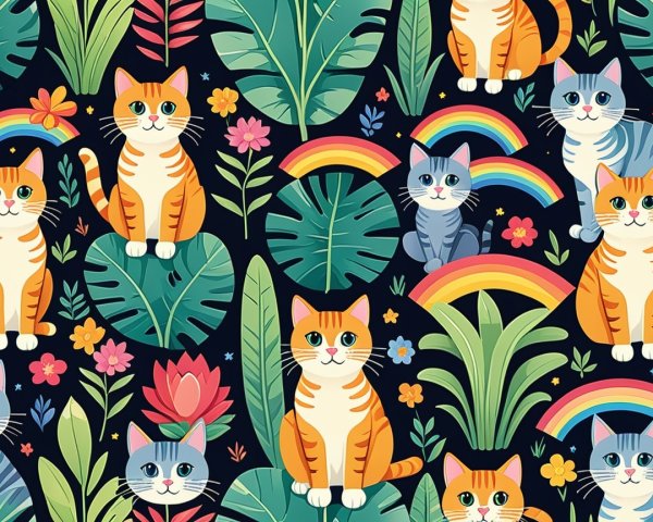 Colorful Pattern of Playful Cats in Tropical Setting
