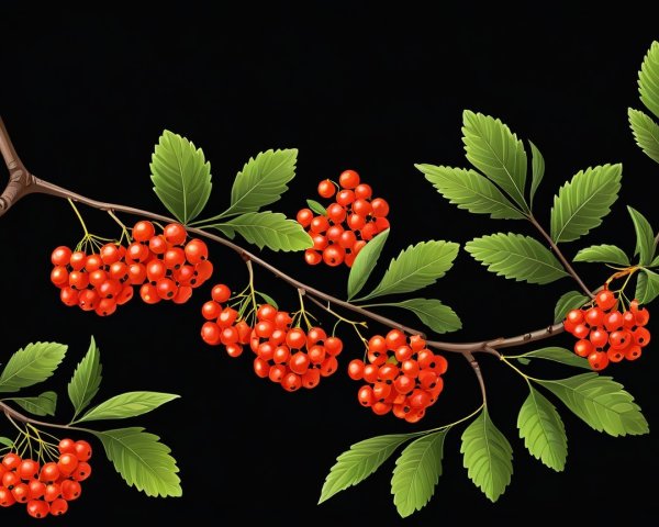 Vibrant Red Berries on Green Leaves Against Black Background