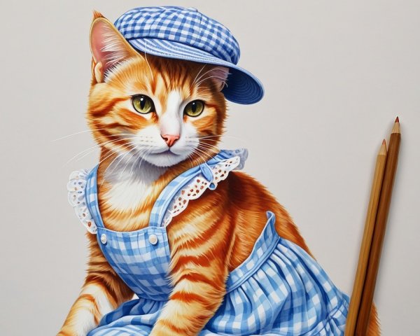 Charming Orange Tabby Cat in Gingham Dress and Cap