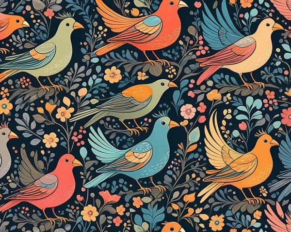 Colorful Bird and Floral Pattern on Dark Background