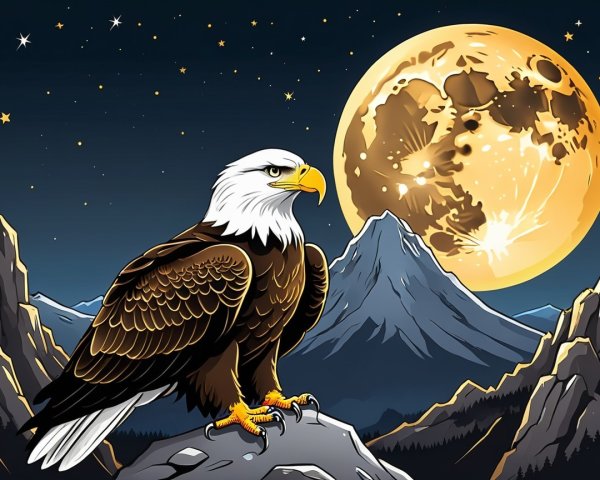 Eagle on Rocky Outcrop Under Moonlit Night Sky