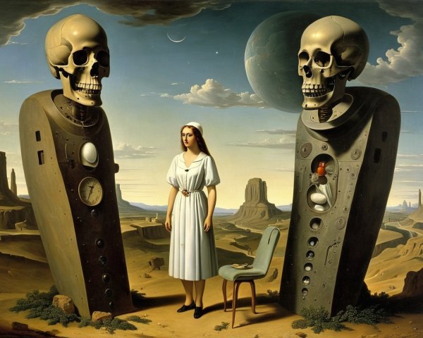 Surreal Landscape with Woman and Robotic Figures