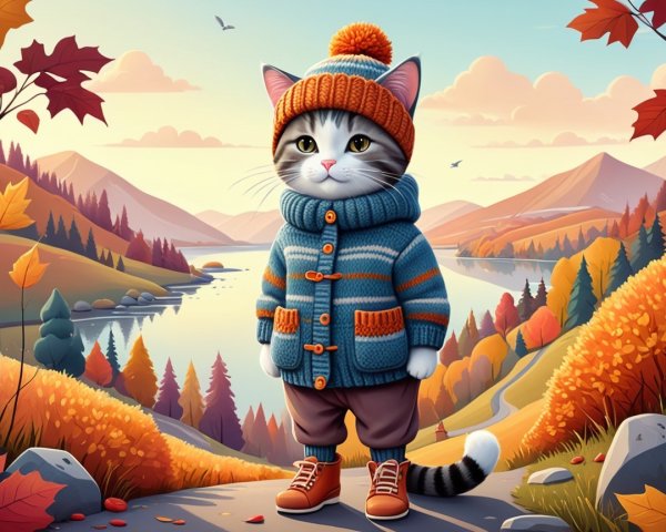 Whimsical Cat in Autumn Landscape with Sweater and Beanie