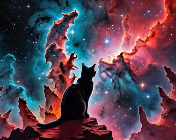 Cat Silhouette on Rocky Outcrop with Cosmic Background