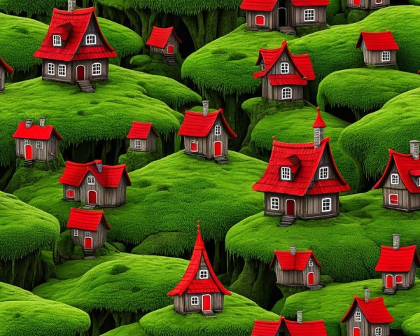 Whimsical Landscape with Charming Houses on Green Hills