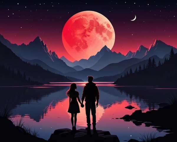Romantic Lake Scene with Dramatic Sky and Mountains