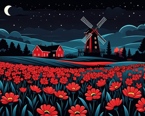 Serene Countryside Scene with Flowers and Windmill