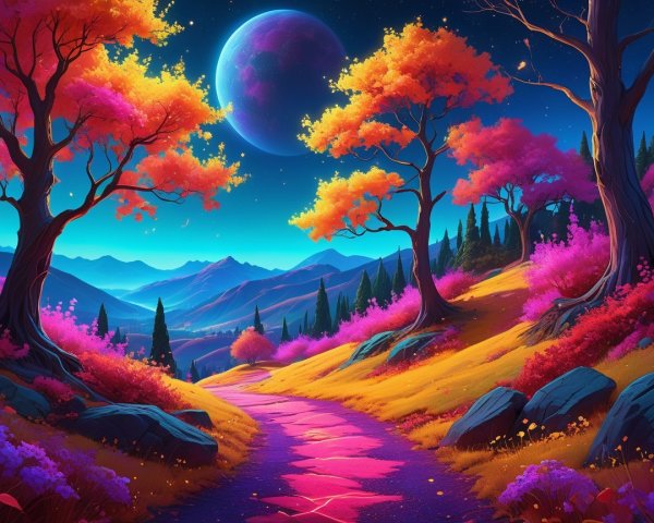 Vibrant Landscape with Colorful Foliage and Mountains