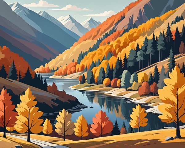 Serene Autumn Landscape with River and Mountains