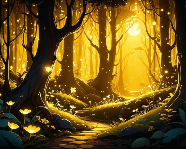Magical forest with golden light and vibrant flowers