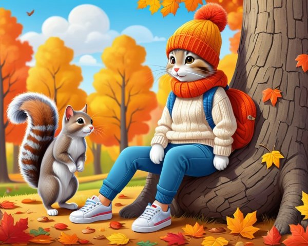 Cozy Cat in Sweater Amidst Autumn Landscape