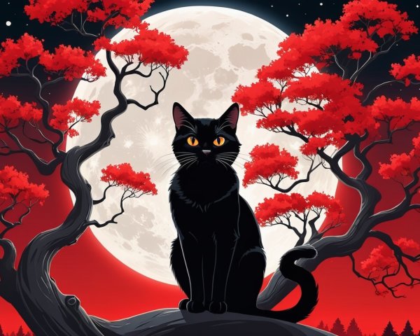 Black Cat on Branch with Full Moon and Red Trees