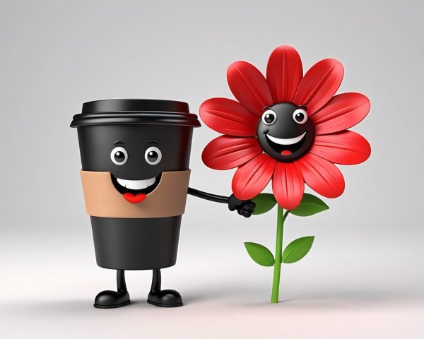 Cheerful Cartoon Coffee Cup and Flower Characters