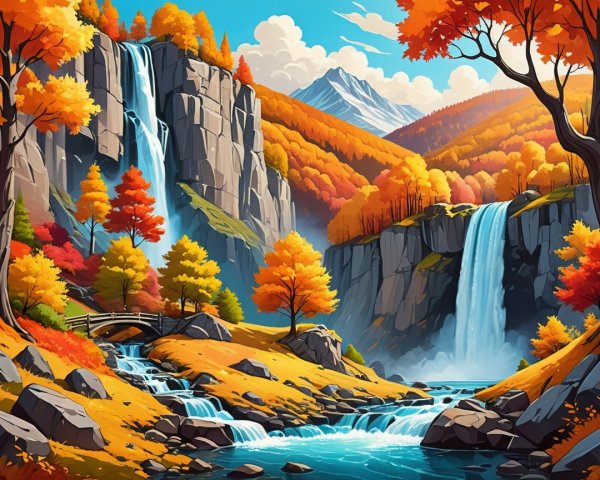 Vibrant Autumn Landscape with Waterfalls and Trees