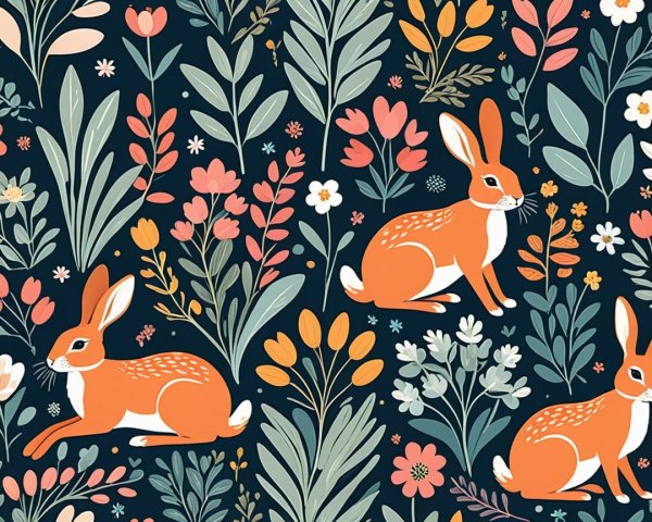 Whimsical Pattern of Orange Rabbits and Colorful Flowers