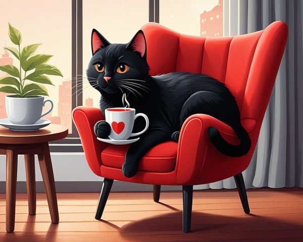 Black Cat in Red Armchair with Coffee and Sunlight