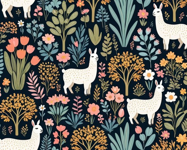 Whimsical Llama Floral Pattern on Dark Background