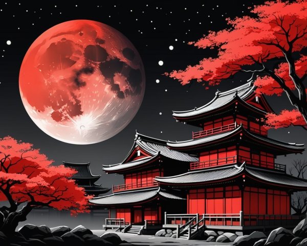 Traditional Asian Pagoda Under Red Moon and Maple Trees