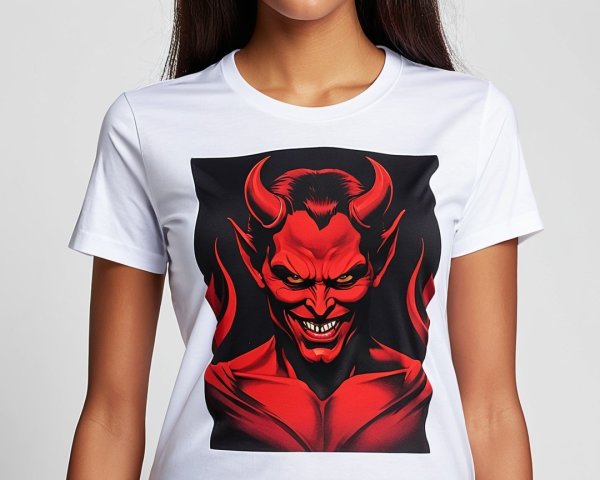 White T-Shirt with Graphic of Devilish Character