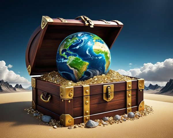 Wooden Treasure Chest with Globe in Desert Landscape