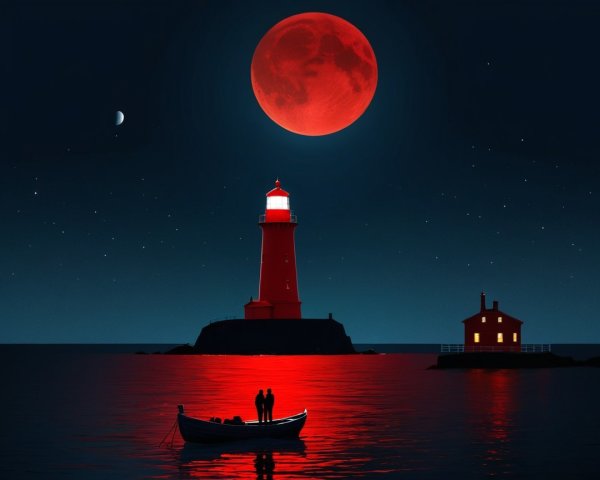 Red Full Moon Over Ocean with Lighthouse and Couple