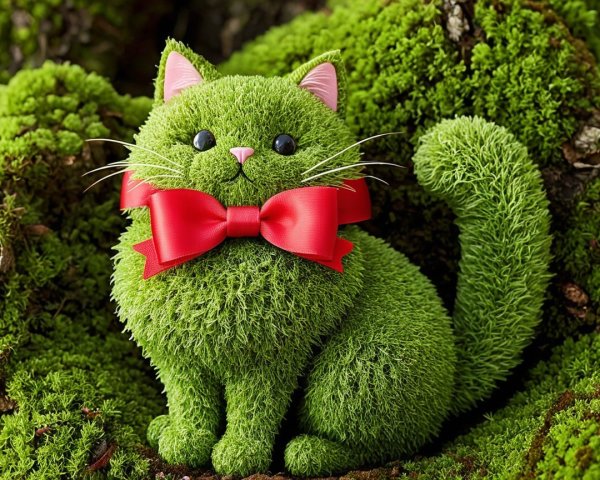 Whimsical Cat Figure Covered in Green Moss