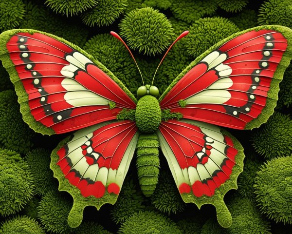 Vibrant Butterfly with Red and Green Wings on Moss