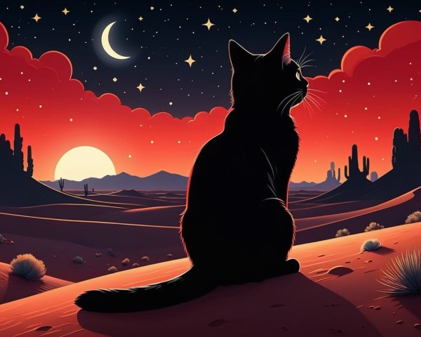 Cat Silhouette Against Vibrant Desert Sunset Scene