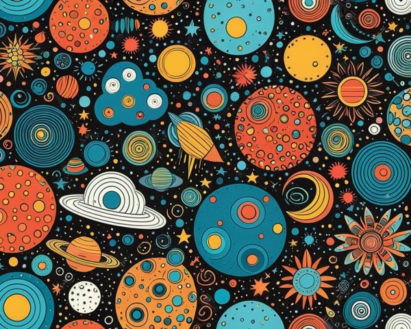 Vibrant Whimsical Universe with Celestial Bodies