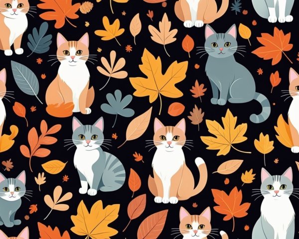 Whimsical Cat Pattern Among Colorful Autumn Leaves