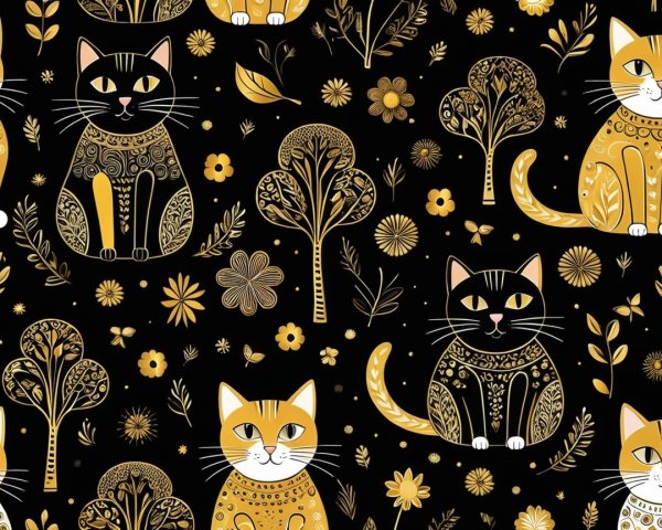 Whimsical Cat Pattern with Trees and Flowers in Black