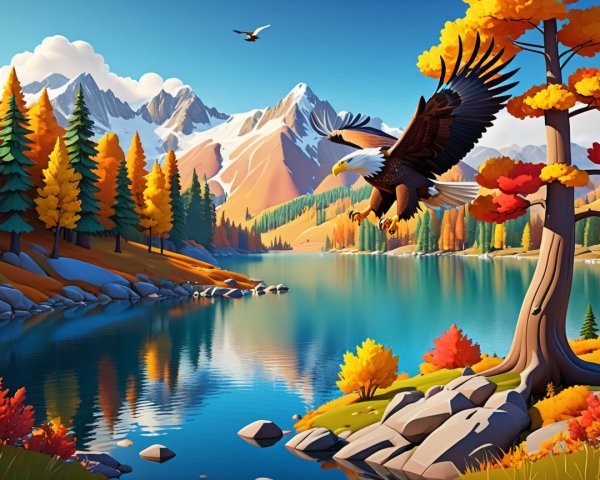 Autumn Landscape with Lake, Trees, and Mountains