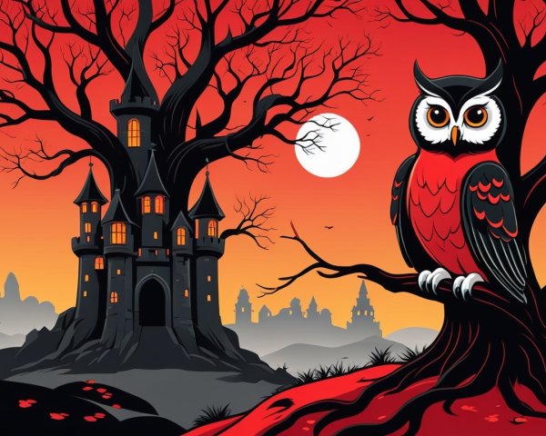 Gothic Castle and Owl in Spooky Landscape Scene
