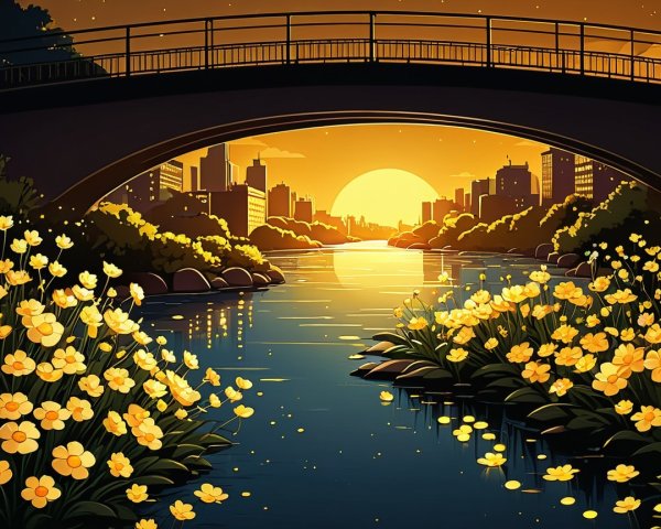 Golden Sunset Over Cityscape and Tranquil River