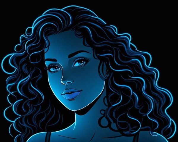 Illustration of a Woman with Curly Hair in Blue and Black