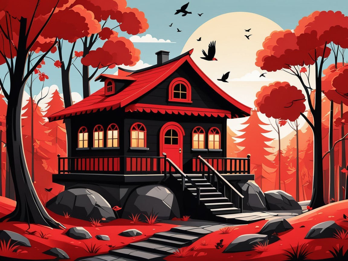 Charming Black Cottage with Red Roof in Autumn Foliage