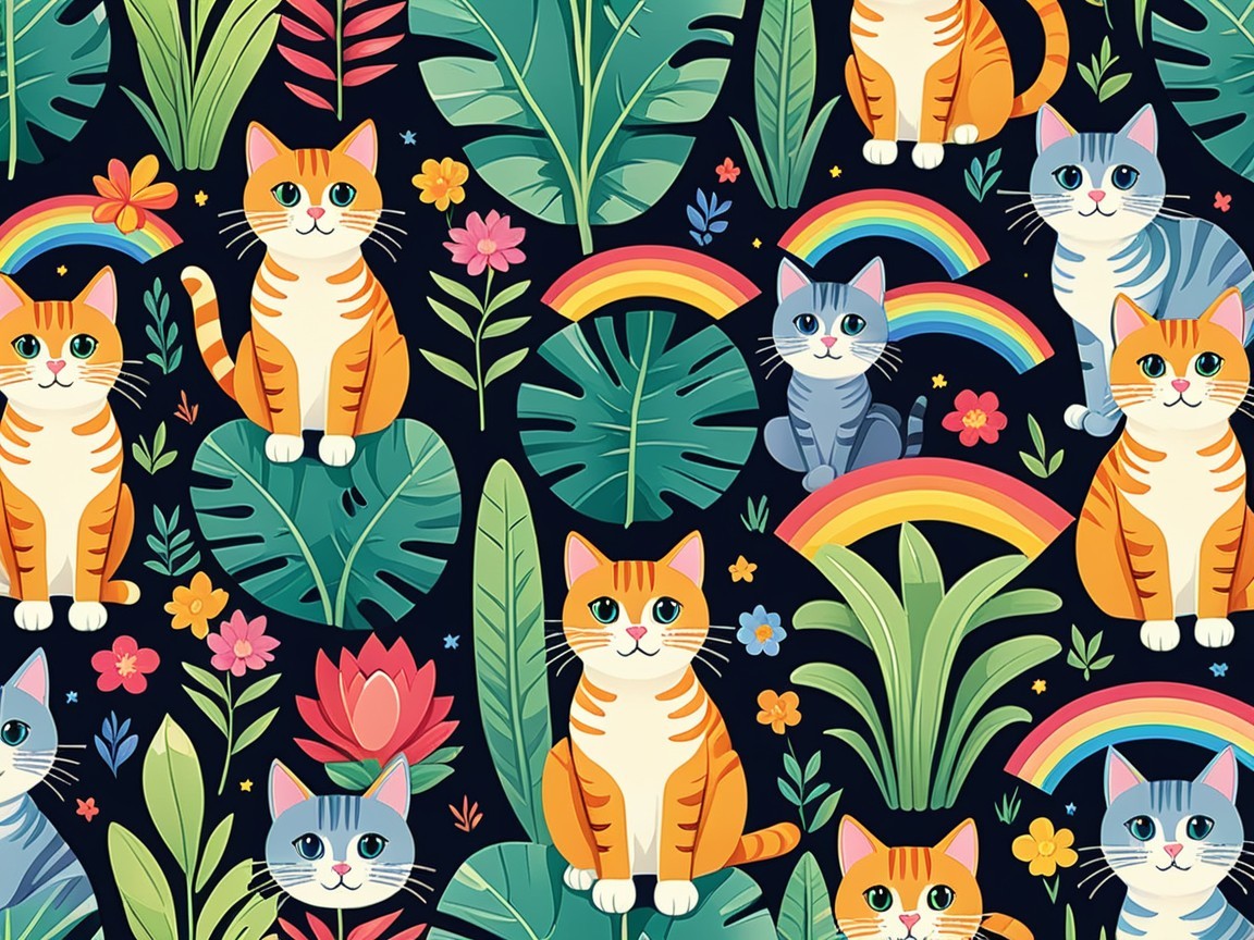 Colorful Pattern of Playful Cats in Tropical Setting