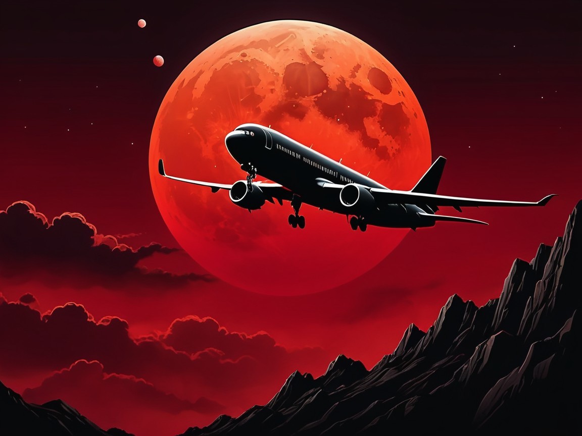 Black Airplane Against Red Moon and Mountain Peaks