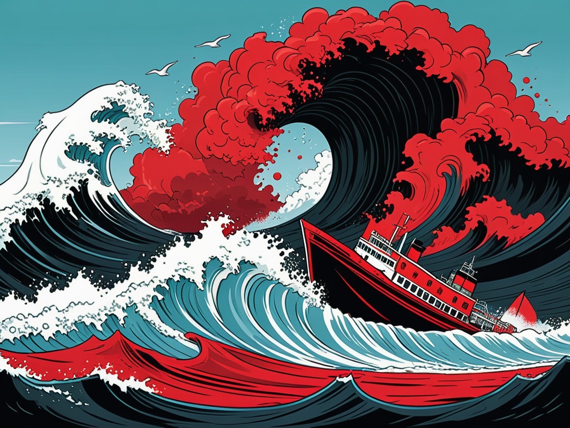 Large Ship Battling Turbulent Ocean Waves and Skies